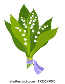 Spring bouquet of white lilies of the valley and green leaves tied with a purple ribbon. Vector image isolated on a white background. For mother's Day cards, birthday cards, wedding invitations.