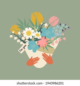 Spring bouquet for Women's Day, March 8, Birthday. Beautiful flowers tulip, forget-me-not, lily of the valley, fern for printing on decorative pillows, dishes, women's clothing. Vector graphics.