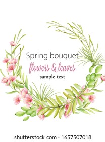 Spring bouquet wreath of cherry blossom flowers with green leaves