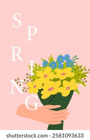 Spring bouquet with yellow and blue flowers on pink background.