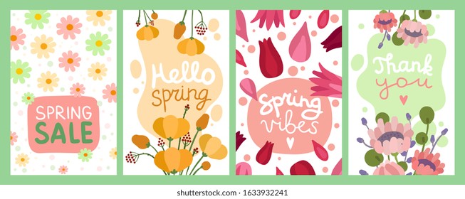 Spring bouquets card. Flower greeting gift tags. Floral fashion love posters for woman party. Modern beautiful blossom vector banners set