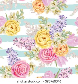 Spring bouquets on the striped background. Vector seamless pattern with delicate flowers. Rose, lilac, tulip, matthiola. Pastel yellow, pink, serenity colors.