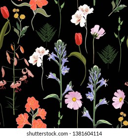 Spring bouquets on the vintage black background. Seamless pattern with delicate flowers. Tulips, berries and herbs. 