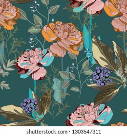 Spring bouquets on the vintage dark green background. Seamless pattern with delicate flowers. Tulips, berries and herbs. 