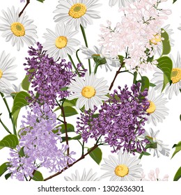 Spring bouquets on the white background. Seamless pattern with delicate flowers. Lilac and Chamomile. 