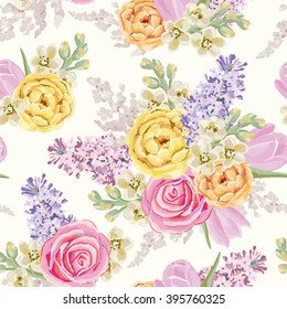 Spring bouquets on the white background. Vector seamless pattern with delicate flowers. Rose, lilac, tulip, matthiola. Pastel yellow, pink, serenity colors.