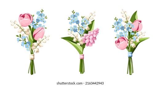 Spring bouquets of pink, blue, and white tulips, hyacinth flowers, forget-me-not flowers, and lily of the valley flowers isolated on a white background. Set of vector illustrations