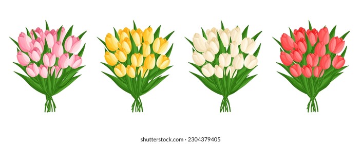 Spring bouquets set with tulips. Floral plants with bright flowers. Botanical vector illustration on isolated background for women's day, mother's day, easter and other holidays.