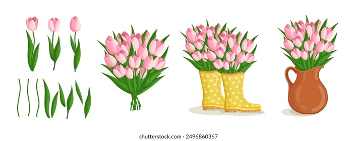 Spring bouquets with tulips and elements. Floral plants with bright flowers. Botanical vector illustration on isolated background for women's day, mother's day, easter and other holidays.