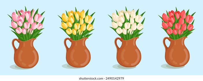 Spring bouquets with tulips in a jug. Floral plants with bright flowers. Botanical vector illustration on isolated background for women's day, mother's day, easter and other holidays.