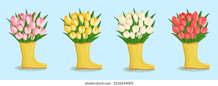 Spring bouquets with tulips in a rubber boot. Floral plants with bright flowers. Botanical vector illustration on isolated background for women's day, mother's day, easter and other holidays.