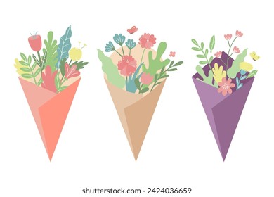 Spring bouquets vector collection. Spring flowers, branches, leaves on white background.