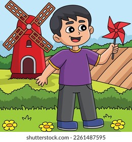 Spring Boy Holding a Pinwheel Colored Cartoon 
