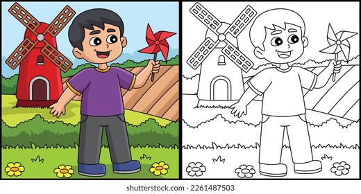Spring Boy Holding a Pinwheel Illustration