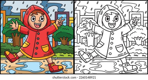 Spring Boy Playing Under The Rain Illustration