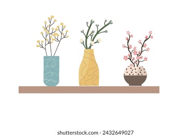 Spring branch in decorative vases - set in flat style. Vector illustration can used for decoration banner, poster, greeting card