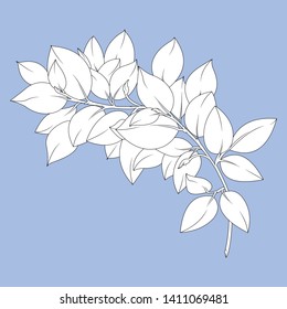 Spring branch with leaves. The art of drawing a contour line. Natural foliage Icon Vector Logo Template for print. Purple, lavender background