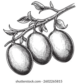 Spring branches with decorative Easter eggs in engraving style