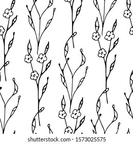Spring branches of flowers, hand-drawn. White, seamless isolated background. Design for poster, postcard, print. Stock vector illustration.Line art, doodle
