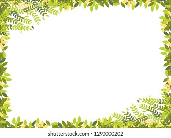 Spring branches with leaves on border with copy space, Green and Yellow leaves frame on white background, Vector illustration Panorama landscape summer leaves frame,