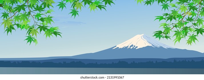 Spring branches on the background of Mount Fuji. The warm season, the beginning of summer, the snow at the top has not yet melted. Green Japanese leaves hang down from above. Vector horizontal format.