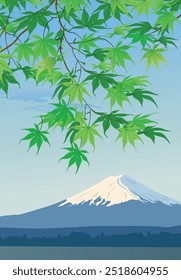 Spring branches on the background of Mount Fuji. The warm season, the beginning of summer, the snow at the top has not yet melted. Green Japanese leaves hang down from above. Vector horizontal format.