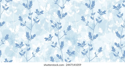 Spring branches seamless vector pattern. Small leaves prune, watercolor delicate blue floral ornament