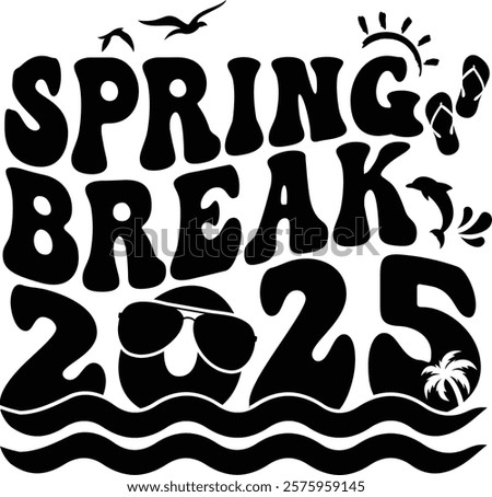 Spring Break 2025 - Tropical paradise illustration featuring vibrant palm trees, ocean waves, and a relaxing beach vibe. Perfect for summer, travel, and vacation themes.