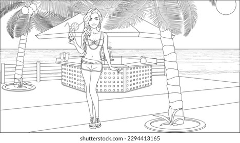 Spring Break Coloring Page with Female Character on a Beach Bar Background. Vector Illustration