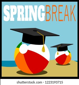 spring break design with beach ball and graduation cap