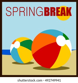 spring break design with beach balls on sand