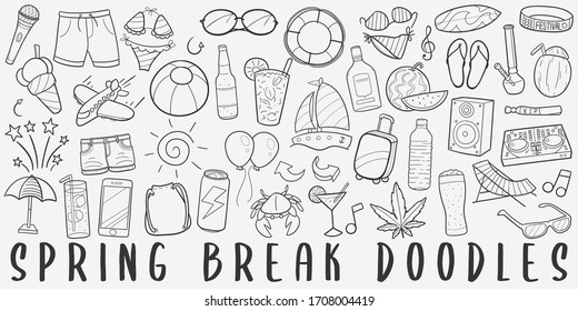 Spring Break Doodle Line Art Illustration. Hand Drawn Vector Clip Art. Banner Set Logos.