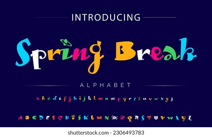 Spring Break Funky colorful cartoon font type. Vector alphabet