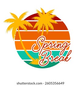 Spring break graphic design t-shirt background. Happy spring break with palm trees and beach design.