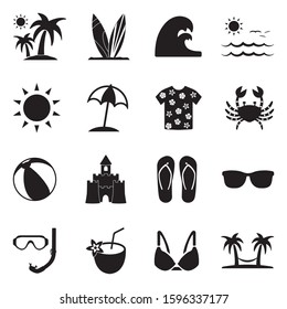 Spring Break Icons. Black Flat Design. Vector Illustration.