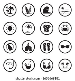 Spring Break Icons. Black Flat Design In Circle. Vector Illustration.