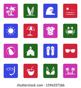 Spring Break Icons. White Flat Design In Square. Vector Illustration.