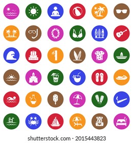 Spring Break Icons. White Flat Collection In Circle. Vector Illustration.