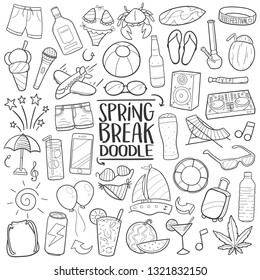 Spring Break Music Party. Traditional Doodle Icons. Sketch Hand Made Design Vector Art.