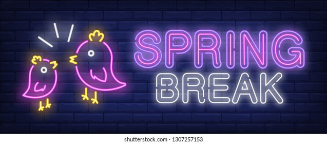 Spring break neon text with birds tweeting. Spring season design. Night bright neon sign, colorful billboard, light banner. Vector illustration in neon style.