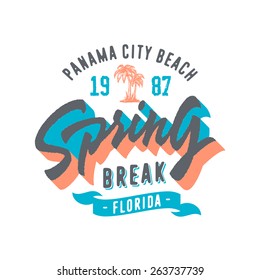 Spring break - Panama beach city, Florida. Vintage T shirt graphics. Hand lettered retro fashion typographic tee design. Old school authentic apparel print. Vector, texture is easy removable.