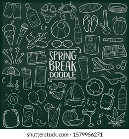 Spring Break Party Chalkboard Doodle Icons. Sketch Hand Made Design Vector Art.