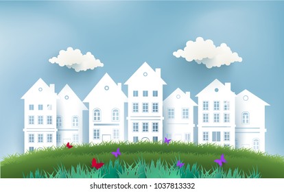 spring break. scenery of green grass. there is a house. paper art design