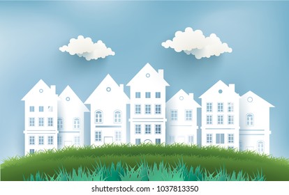 spring break. scenery of green grass. there is a house. paper art design