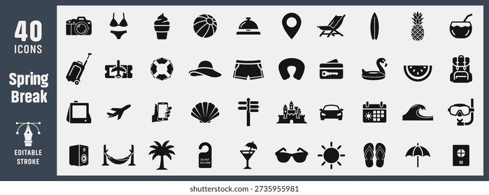 Spring Break Trip and Beach Vacation Icons Glyph Vector Pack
