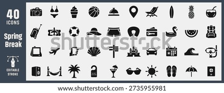 Spring Break Trip and Beach Vacation Icons Glyph Vector Pack