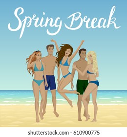 Spring Break. Young happy beautiful people at sand beach