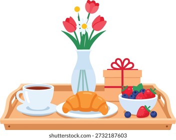 Spring breakfast tray with coffee cup, croissant, flowers and gift box arranged neatly. Flat vector illustration on white background.