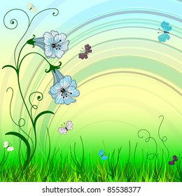 Spring bright background with blue flowers and butterflies (vector EPS 10)