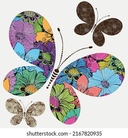Spring bright colorful floral butterfly isolated on white, vector eps 10